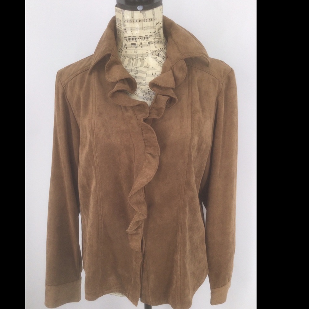 Brown/Tan  Ruffle Front Faux Suede Blouse Size 14